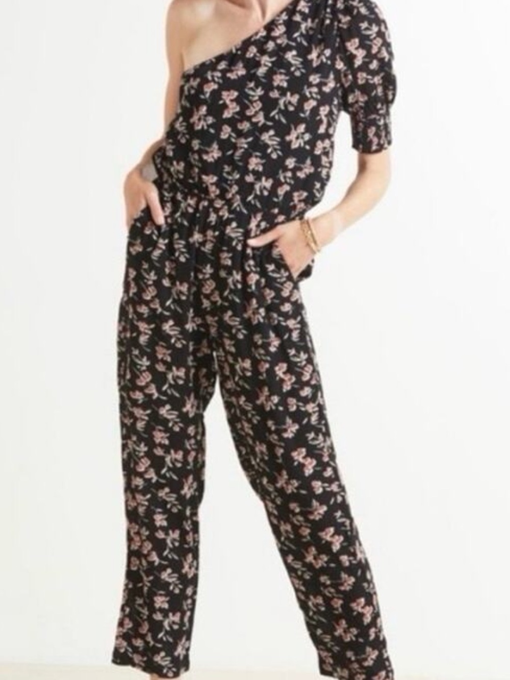 Roan & Ryan One-Shoulder Black Floral Jumpsuit